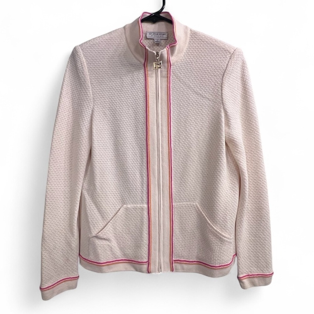 St‎ John Sport Wool Blend Cream Pink Trim Knit Zip Up Jacket Cardigan Small VTG
